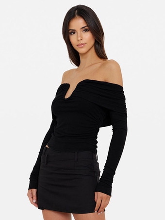 noir T-shirt noir à manches longues et épaules dénudées pour femme haut court à col en V froncé printemps 2025