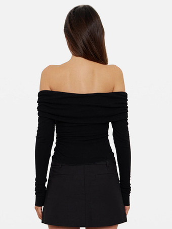 T-shirt noir à manches longues et épaules dénudées pour femme haut court à col en V froncé printemps 2025