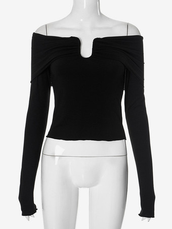 T-shirt noir à manches longues et épaules dénudées pour femme haut court à col en V froncé printemps 2025
