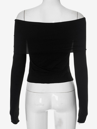 T-shirt noir à manches longues et épaules dénudées pour femme haut court à col en V froncé printemps 2025