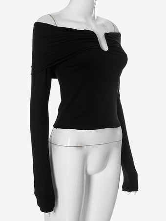 T-shirt noir à manches longues et épaules dénudées pour femme haut court à col en V froncé printemps 2025
