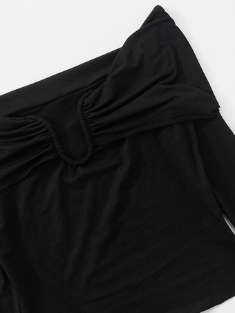 T-shirt noir à manches longues et épaules dénudées pour femme haut court à col en V froncé printemps 2025