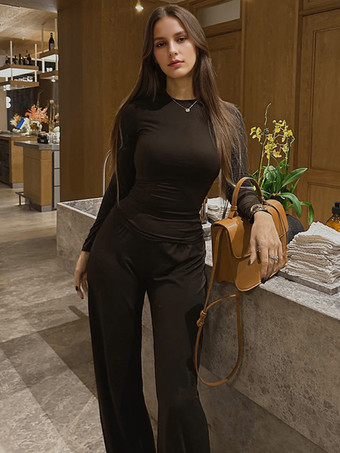 ブラウンラウンジセット 長袖トップスとワイドレッグパンツ 春カジュアルツーピースコーデセット レディース 2025