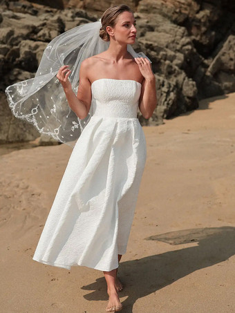 ショートウェディングドレス ストラップレス ノースリーブ Aライン ティーレングス ブライダルドレス