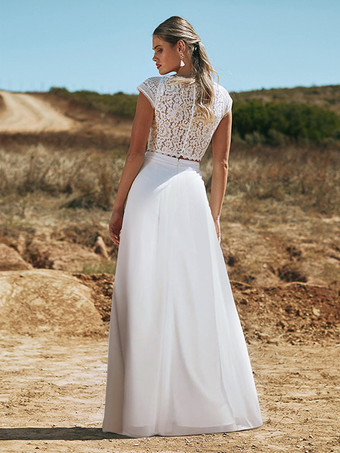 ボヘミアンウェディングドレス レース レース ツーピース フロアレングス ナチュラルウエスト ジッパー 半袖 Vネック アイボリー