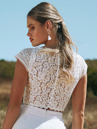 ボヘミアンウェディングドレス レース レース ツーピース フロアレングス ナチュラルウエスト ジッパー 半袖 Vネック アイボリー