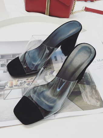 High Heel Mules Transparent Open Toe Chunky Heel Mule Sandals