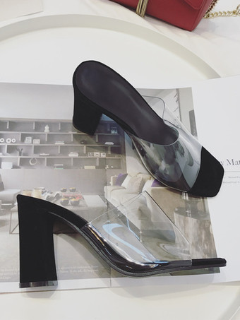 High Heel Mules Transparent Open Toe Chunky Heel Mule Sandals