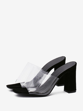 High Heel Mules Transparent Open Toe Chunky Heel Mule Sandals