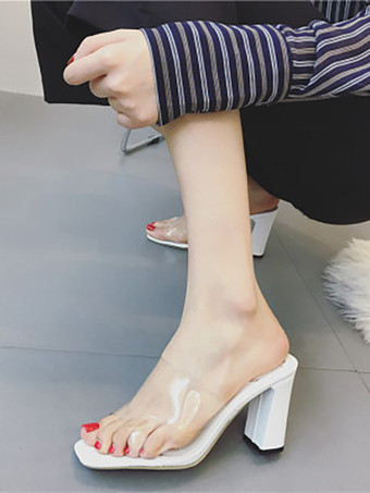 White High Heel Mules Transparent Open Toe Chunky Heel Mule Sandals