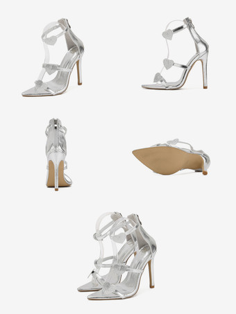 Silver High Heel Sandals Rhinestones Heart Pattern Strappy Party Prom Shoes