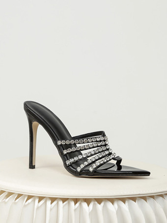 ハイヒール ミュール オープントゥ ラインストーン スティレットヒール スリングバック パンプス