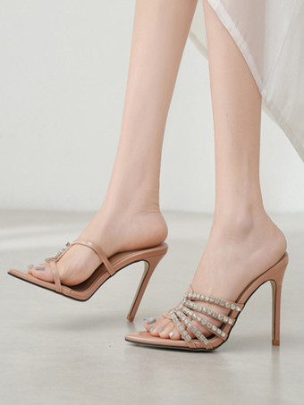 ハイヒール ミュール オープントゥ ラインストーン スティレットヒール スリングバック パンプス