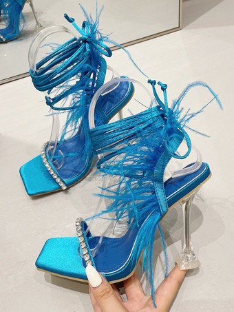 Grüne Party-Schuhe mit Kunstfedern und Strasssteinen High Heel-Sandalen zum Schnüren