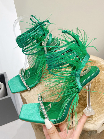Grüne Party-Schuhe mit Kunstfedern und Strasssteinen High Heel-Sandalen zum Schnüren