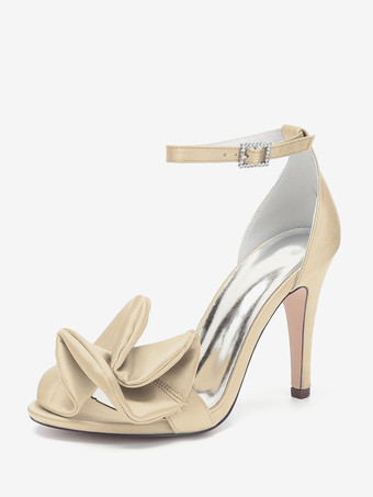 champagne Chaussures de demoiselle d'honneur à talons hauts bout ouvert détails froncés bride à la cheville chaussures de fête de mariage