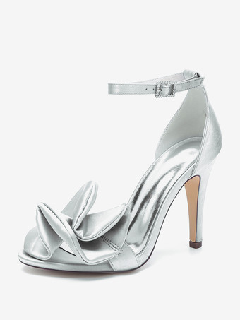 argent Chaussures de demoiselle d'honneur à talons hauts bout ouvert détails froncés bride à la cheville chaussures de fête de mariage