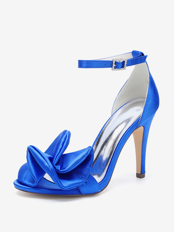 bleu Chaussures de demoiselle d'honneur à talons hauts bout ouvert détails froncés bride à la cheville chaussures de fête de mariage