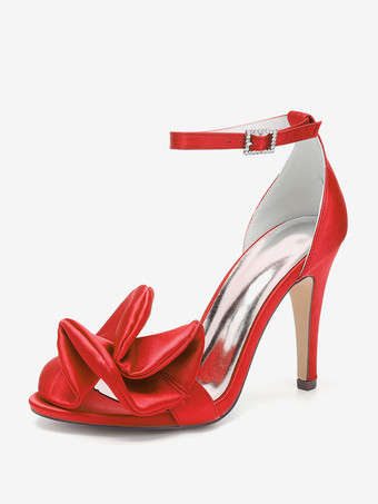 rouge Chaussures de demoiselle d'honneur à talons hauts bout ouvert détails froncés bride à la cheville chaussures de fête de mariage
