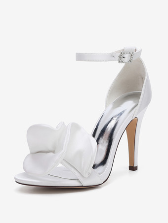 blanc Chaussures de demoiselle d'honneur à talons hauts bout ouvert détails froncés bride à la cheville chaussures de fête de mariage