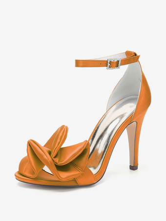 orange Chaussures de demoiselle d'honneur à talons hauts bout ouvert détails froncés bride à la cheville chaussures de fête de mariage