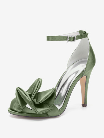 vert forêt foncéChaussures de demoiselle d'honneur à talons hauts bout ouvert détails froncés bride à la cheville chaussures de fête de mariage