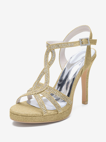 GoldGoldene Hochzeitsschuhe mit offener Spitze und Strasssteinen Riemchen-High-Heel-Abschlussball-Partyschuhe