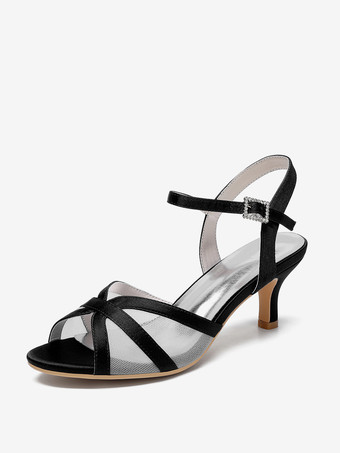 ブラック アイボリーウェディングシューズ サテンメッシュ オープントゥ キトンヒール ブライダルウェディングゲストシューズ