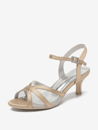 シャンパンカラーアイボリーウェディングシューズ サテンメッシュ オープントゥ キトンヒール ブライダルウェディングゲストシューズ