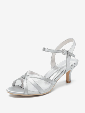 シルバー アイボリーウェディングシューズ サテンメッシュ オープントゥ キトンヒール ブライダルウェディングゲストシューズ