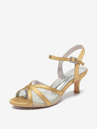 ゴールド アイボリーウェディングシューズ サテンメッシュ オープントゥ キトンヒール ブライダルウェディングゲストシューズ