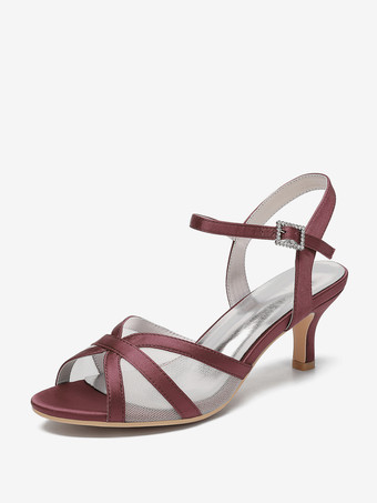 ワインレッド アイボリーウェディングシューズ サテンメッシュ オープントゥ キトンヒール ブライダルウェディングゲストシューズ