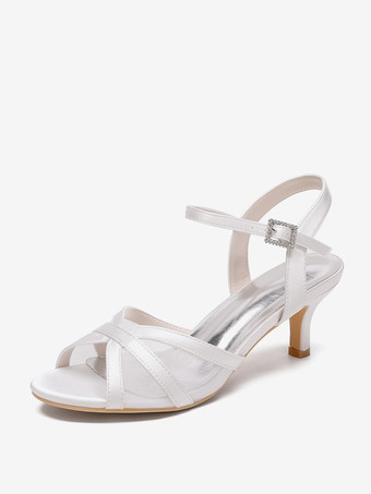 アイボリーアイボリーウェディングシューズ サテンメッシュ オープントゥ キトンヒール ブライダルウェディングゲストシューズ