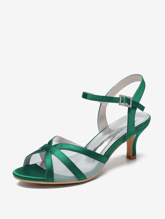 グリーン アイボリーウェディングシューズ サテンメッシュ オープントゥ キトンヒール ブライダルウェディングゲストシューズ