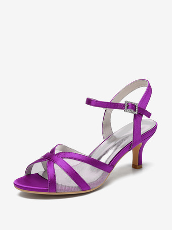 パープル アイボリーウェディングシューズ サテンメッシュ オープントゥ キトンヒール ブライダルウェディングゲストシューズ