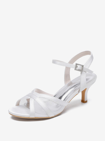 ホワイト アイボリーウェディングシューズ サテンメッシュ オープントゥ キトンヒール ブライダルウェディングゲストシューズ