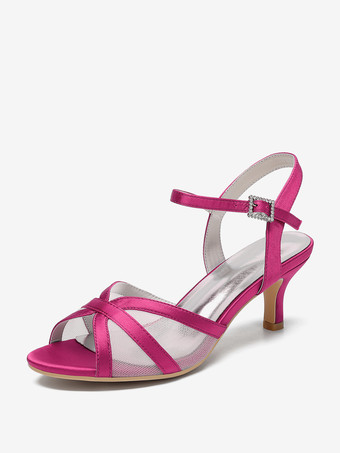 ローズレッドアイボリーウェディングシューズ サテンメッシュ オープントゥ キトンヒール ブライダルウェディングゲストシューズ