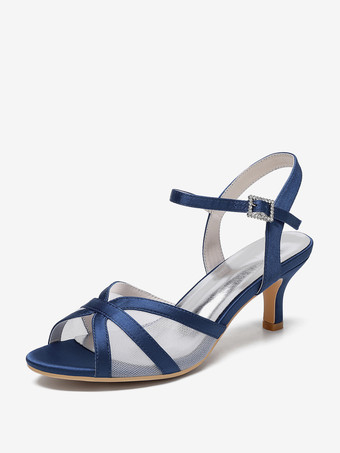 ディープブルーアイボリーウェディングシューズ サテンメッシュ オープントゥ キトンヒール ブライダルウェディングゲストシューズ