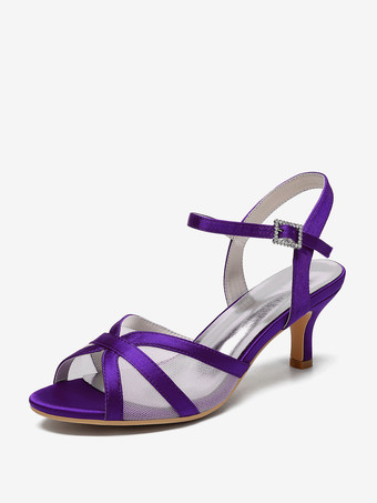 モーブ アイボリーウェディングシューズ サテンメッシュ オープントゥ キトンヒール ブライダルウェディングゲストシューズ