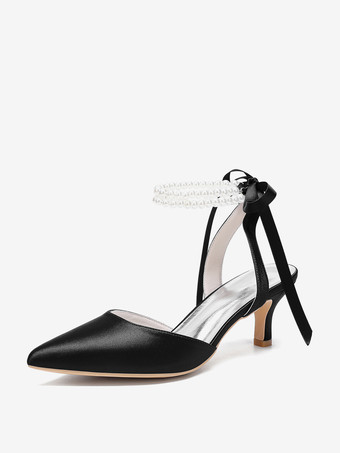 ブラック アイボリーのウェディングシューズ サテンの尖ったつま先 パールのリボン アンクルストラップ ブライダル プロムシューズ