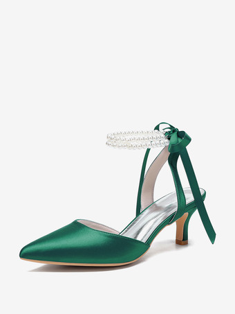 グリーン アイボリーのウェディングシューズ サテンの尖ったつま先 パールのリボン アンクルストラップ ブライダル プロムシューズ