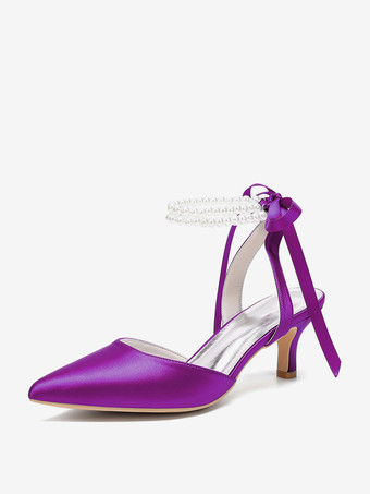 パープル アイボリーのウェディングシューズ サテンの尖ったつま先 パールのリボン アンクルストラップ ブライダル プロムシューズ