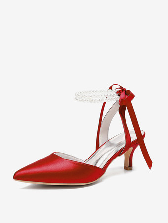 レッドアイボリーのウェディングシューズ サテンの尖ったつま先 パールのリボン アンクルストラップ ブライダル プロムシューズ