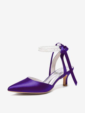 モーブ アイボリーのウェディングシューズ サテンの尖ったつま先 パールのリボン アンクルストラップ ブライダル プロムシューズ