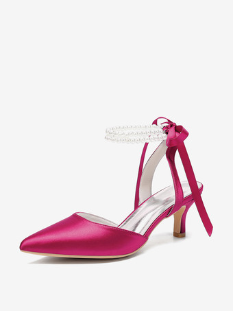 ローズレッドアイボリーのウェディングシューズ サテンの尖ったつま先 パールのリボン アンクルストラップ ブライダル プロムシューズ