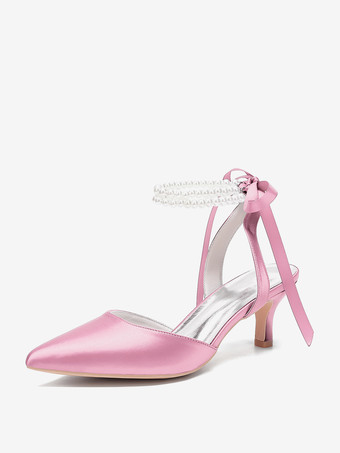 ピンクアイボリーのウェディングシューズ サテンの尖ったつま先 パールのリボン アンクルストラップ ブライダル プロムシューズ