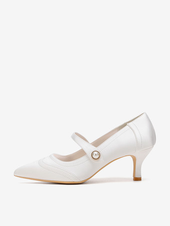 アイボリーのウェディングシューズ サテンのポインテッドトゥ ヴィンテージ メリージェーン ブライダルシューズ