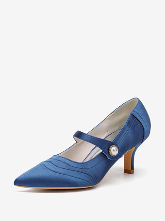 ディープブルーアイボリーのウェディングシューズ サテンのポインテッドトゥ ヴィンテージ メリージェーン ブライダルシューズ