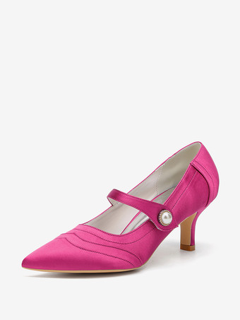 ローズレッドアイボリーのウェディングシューズ サテンのポインテッドトゥ ヴィンテージ メリージェーン ブライダルシューズ