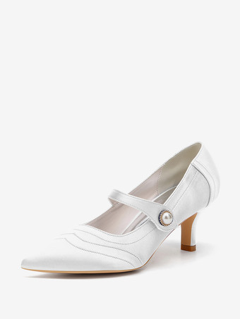 ホワイト アイボリーのウェディングシューズ サテンのポインテッドトゥ ヴィンテージ メリージェーン ブライダルシューズ